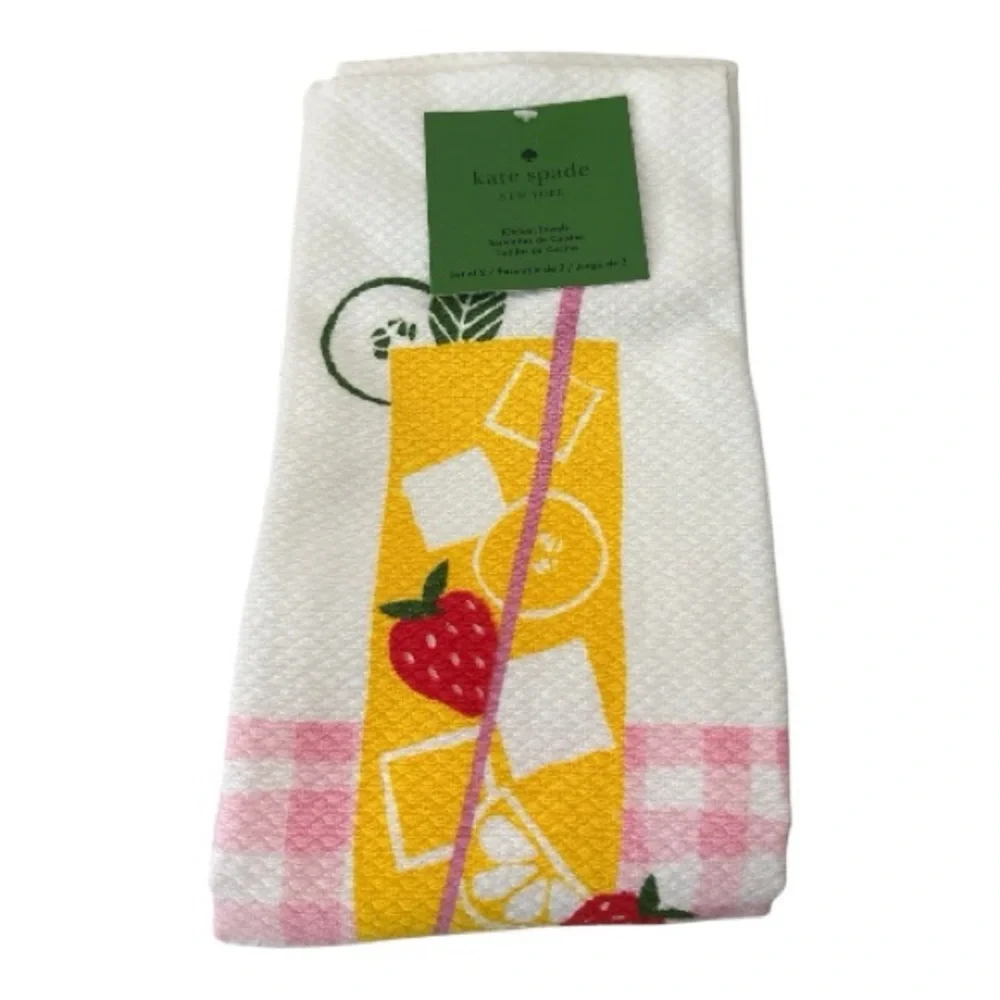 Kate Spade Kitchen Towel Set of 2 Pink Yellow Strawberry Lemonade Design New